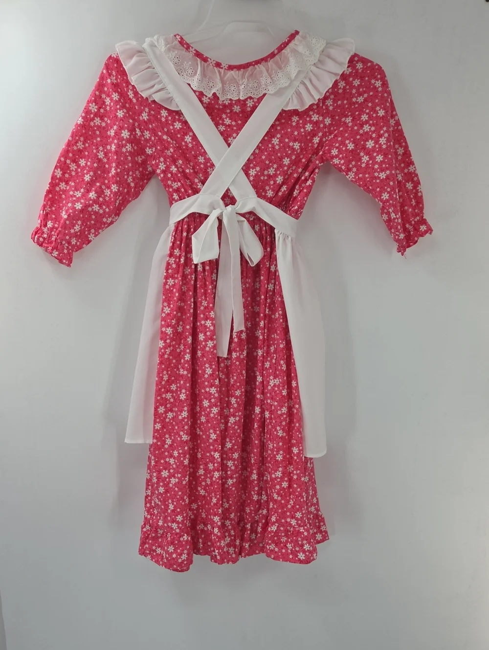 Girls' Pink Floral Pioneer Costume with White Apron and Bonnet